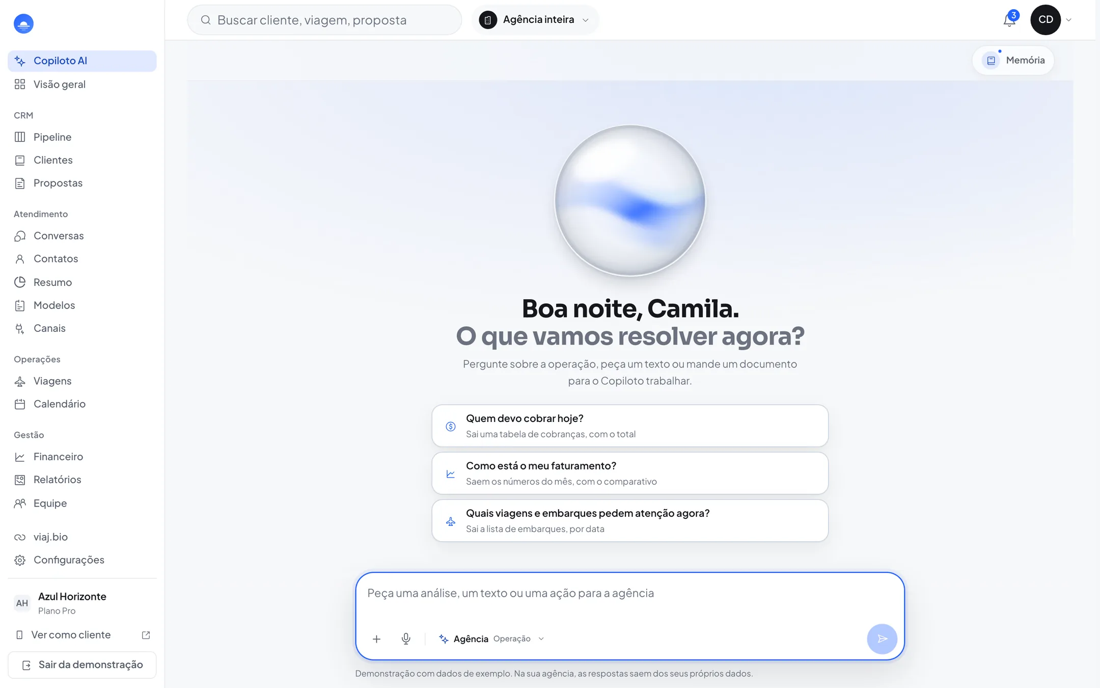 Painel da agência na viaj., aberto no Copiloto: o campo onde a agência manda os documentos da venda e pede o trabalho do dia em conversa.