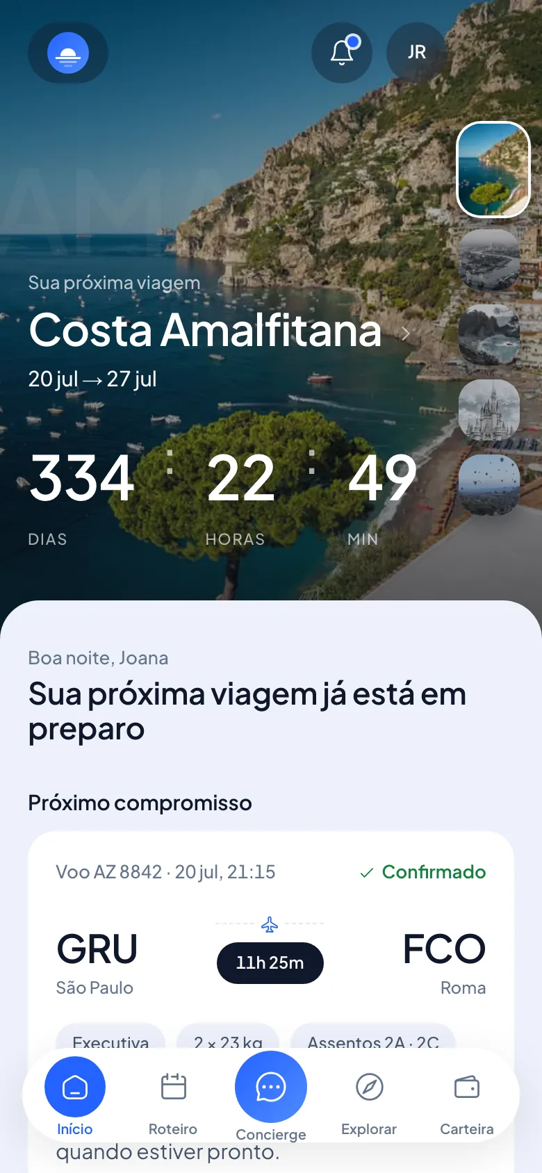 Início do portal do viajante no celular, com a contagem para o embarque e os acessos da viagem.