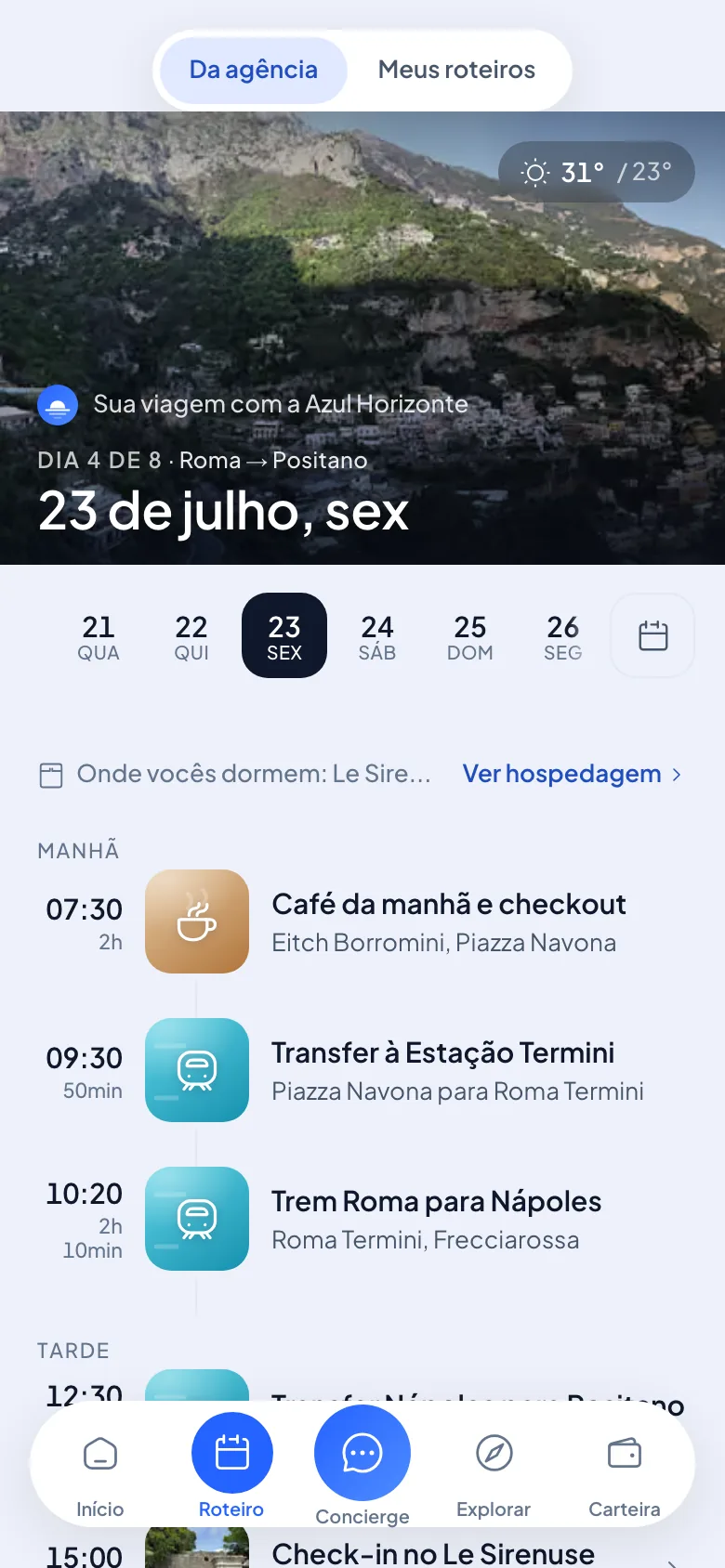 Roteiro dia a dia no portal do viajante, com as atividades do dia e a régua dos outros dias.